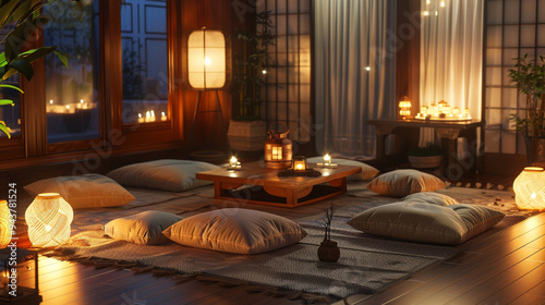 A high-quality portrays a cozy living room with decorative lanterns casting a warm, inviting glow.