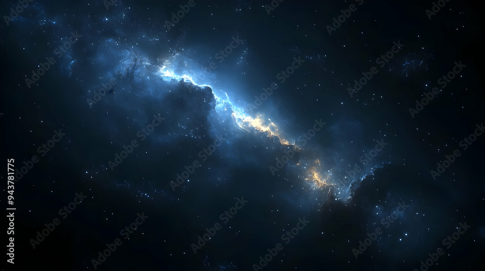 Obraz premium A vast, dark expanse of space with a glowing blue and yellow nebula.