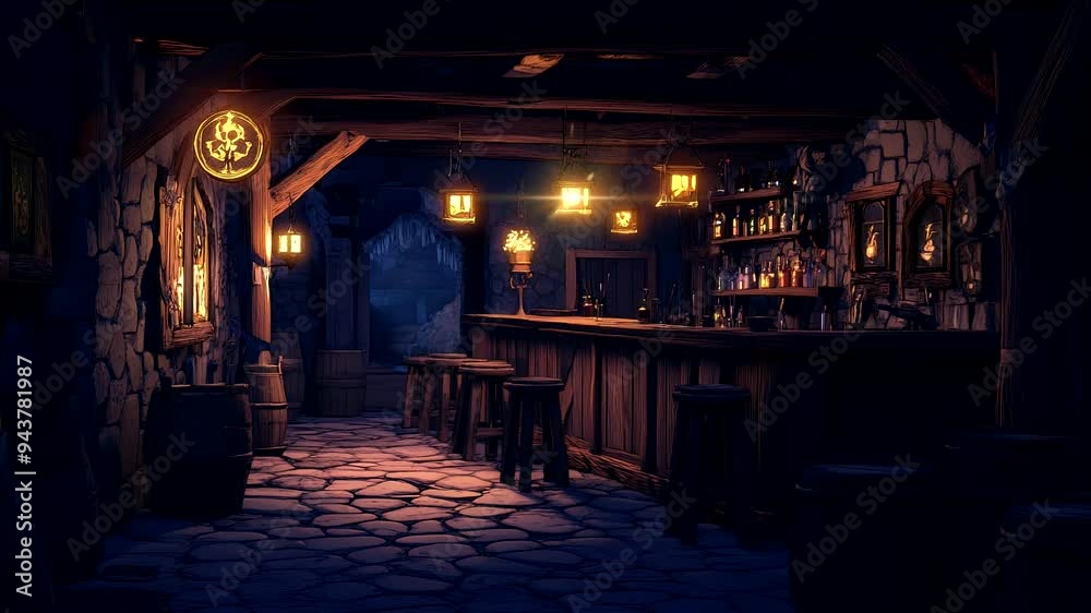 Rustic medieval tavern exterior with warm lanterns and wooden bar at night. Cozy fantasy animation background.