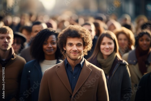 Smiling Man in a Crowd of People on a City Street