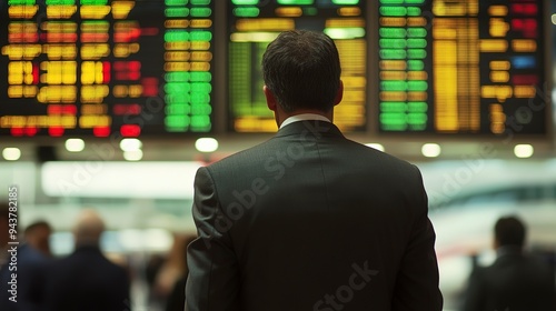 man with a business suit looking at a flight information board in a crowded airport terminal