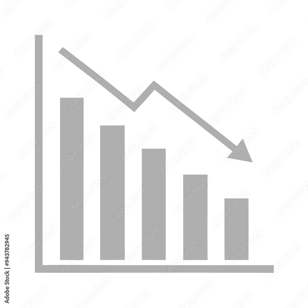 a simple line graph with a downward trend. It features four vertical bars of decreasing height from left to right, representing a decline. Above the bars, there is a line with a downward arrow