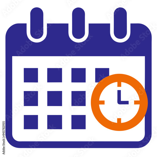 an icon of a calendar with a clock. The calendar is depicted in blue with a grid representing days, and it has two tabs at the top, suggesting a page-a-day style