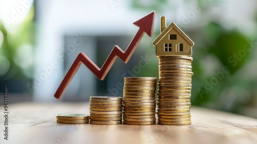 Stack of coins with an upward arrow symbolizing financial growth photo