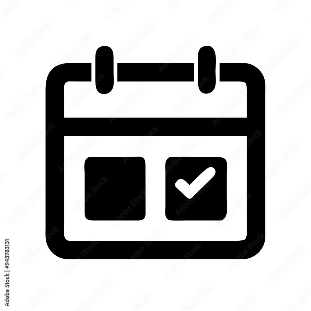 Black calendar icon with two boxes; one box is checked, indicating a selected date or event Black calendar icon with two boxes; one box is checked, indicating a selected date or event