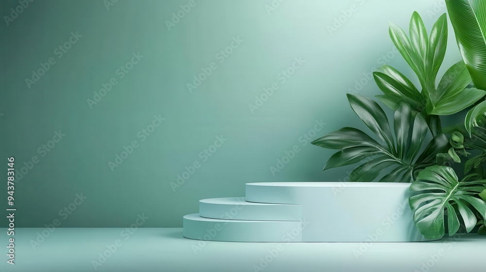 Minimalist product display with white podium and lush green foliage against a muted green background. Minimalist product display with white podium and lush green foliage against a muted green background.
