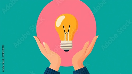 Creative inspiration, bulb in creator s hands, flat design illustration