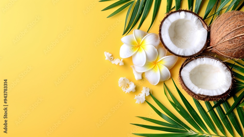 Top view of fresh coconuts, tropical flowers, and palm leaves on a vibrant yellow background, creating a summer vacation vibe. Top view of fresh coconuts, tropical flowers, and palm leaves on a vibrant yellow background, creating a summer vacation vibe.