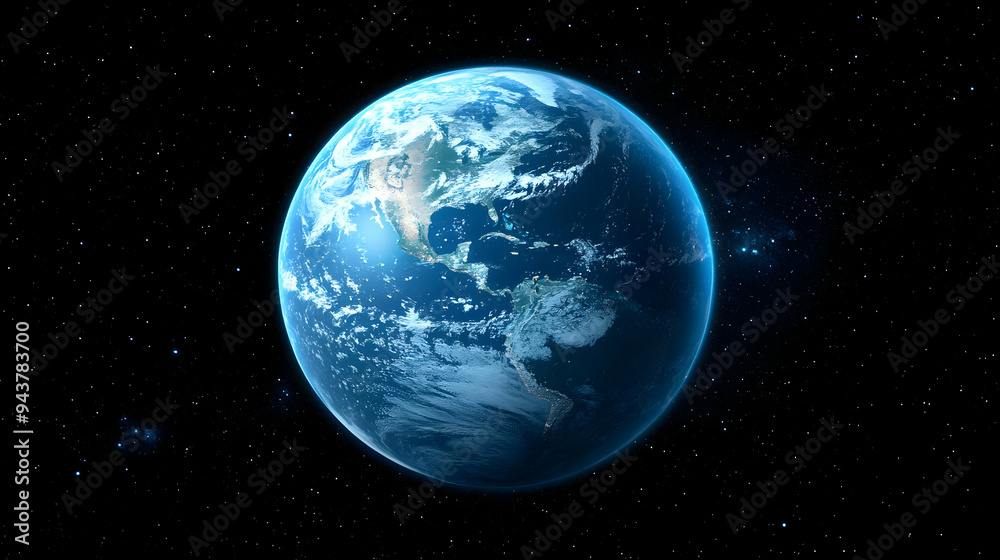 A vibrant blue Earth, with clouds and continents, set against a dark background speckled with stars. A vibrant blue Earth, with clouds and continents, set against a dark background speckled with stars.
