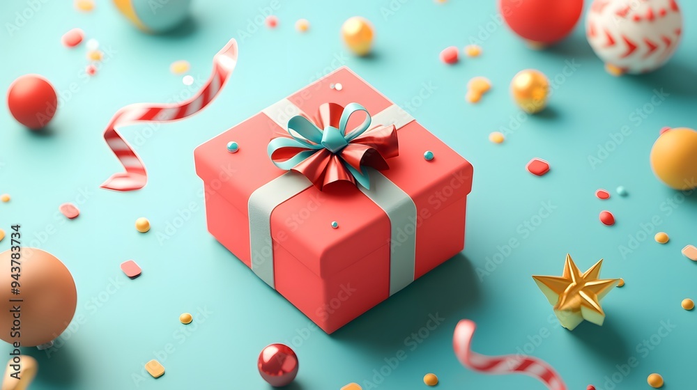 Christmas-themed isometric 3D rendering of a gift box with flowing ribbons and festive elements Christmas-themed isometric 3D rendering of a gift box with flowing ribbons and festive elements