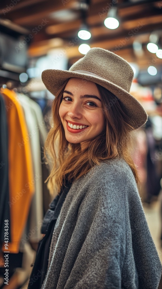 Radiant smile illuminates a chic boutique as a stylish shopper in a fedora and cozy gray sweater browses colorful clothing racks, embodying joyful fashion exploration. Radiant smile illuminates a chic boutique as a stylish shopper in a fedora and cozy gray sweater browses colorful clothing racks, embodying joyful fashion exploration.