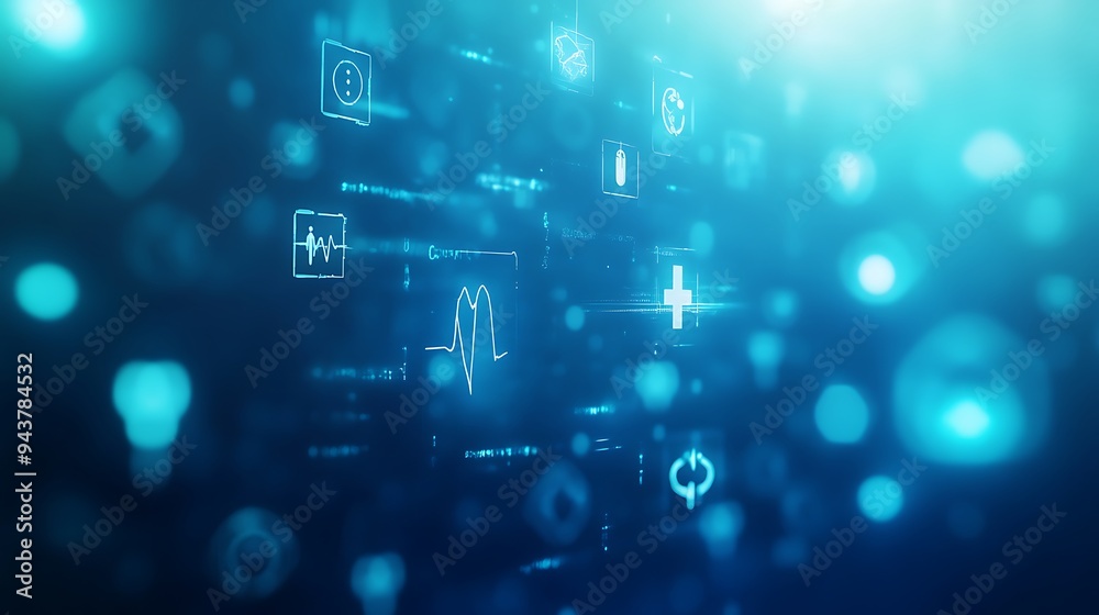 Serene Medical Symbols on Minimalist Blue Background - Abstract Futuristic Healthcare Concept with Soft Gradient and Light Effects Serene Medical Symbols on Minimalist Blue Background - Abstract Futuristic Healthcare Concept with Soft Gradient and Light Effects