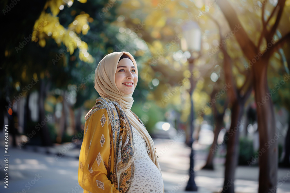 Advertisement for maternity items. Happy pregnant muslim woman in hijab holding big belly expecting a child baby and looking at camera. Copy paste empty place for text