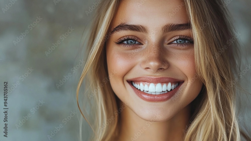 Radiant smile illuminates a close-up portrait, showcasing flawless skin, sparkling blue eyes, and golden hair. Natural beauty shines through in this joyful expression. Radiant smile illuminates a close-up portrait, showcasing flawless skin, sparkling blue eyes, and golden hair. Natural beauty shines through in this joyful expression.