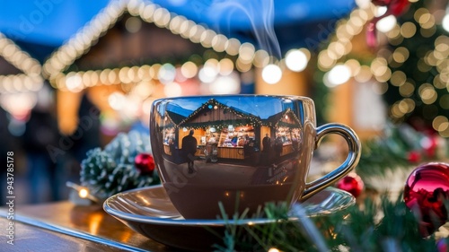Christmas Market Reflected in Hot Chocolate Cup photo