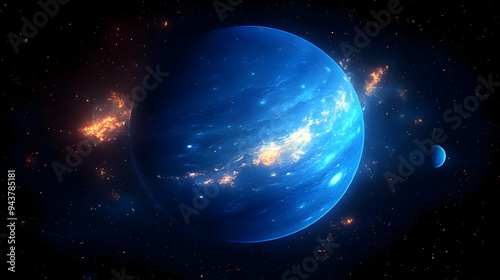 A vibrant blue planet with ...