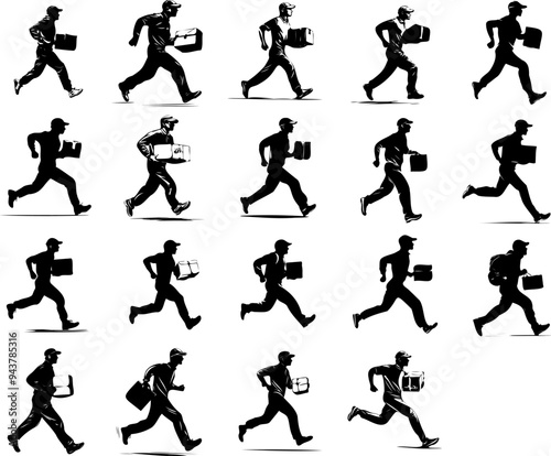 silhouette illustration set courier running carrying package