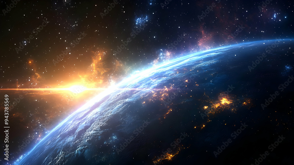 A vibrant blue planet with glowing lights and a bright sun in the distance, surrounded by a starry sky. A vibrant blue planet with glowing lights and a bright sun in the distance, surrounded by a starry sky.