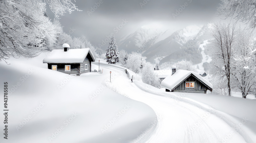 Fototapeta premium Winter Wonderland A Charming Village Adorned with Christmas Decorations, Snow-Covered Houses, and a Glowing Tree Set Against a Majestic Mountain Backdrop Capturing the Magic of the Holiday Season