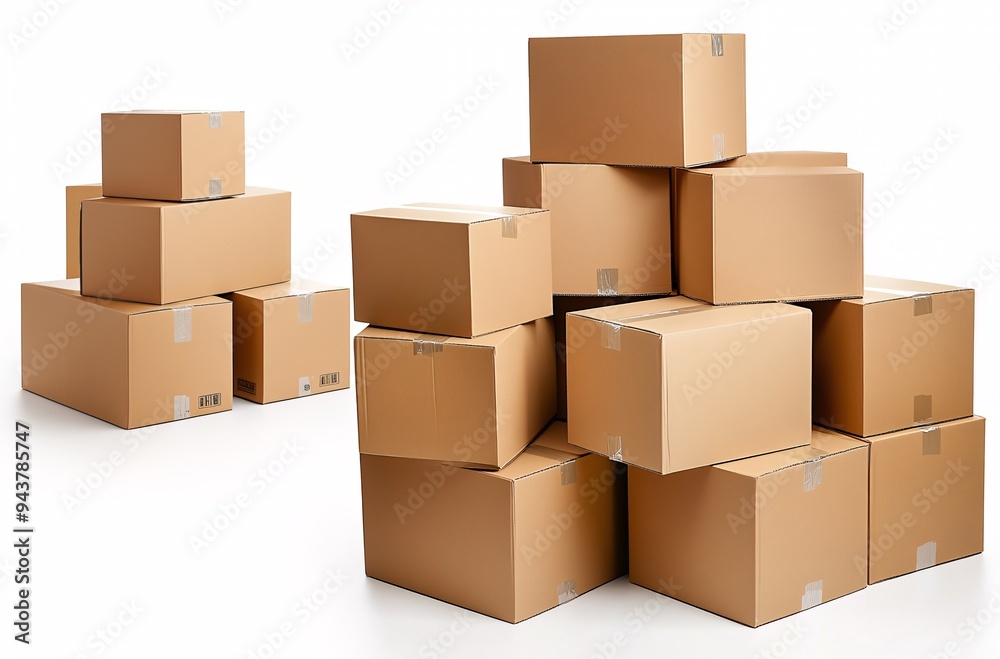 Boxes stacked in a random arrangement on a white background, ideal for shipping, storage, or moving purposes Boxes stacked in a random arrangement on a white background, ideal for shipping, storage, or moving purposes