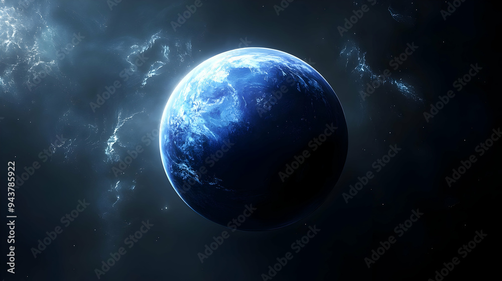 Naklejka premium A vibrant blue planet with swirling clouds in the vast expanse of space.