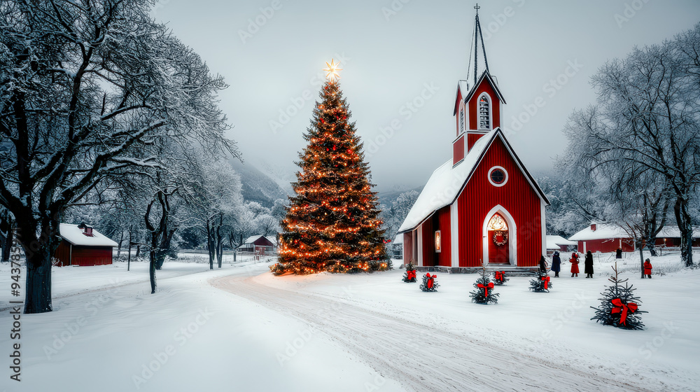 Winter Wonderland A Charming Village Adorned with Christmas Decorations, Snow-Covered Houses, and a Glowing Tree Set Against a Majestic Mountain Backdrop Capturing the Magic of the Holiday Season Winter Wonderland A Charming Village Adorned with Christmas Decorations, Snow-Covered Houses, and a Glowing Tree Set Against a Majestic Mountain Backdrop Capturing the Magic of the Holiday Season
