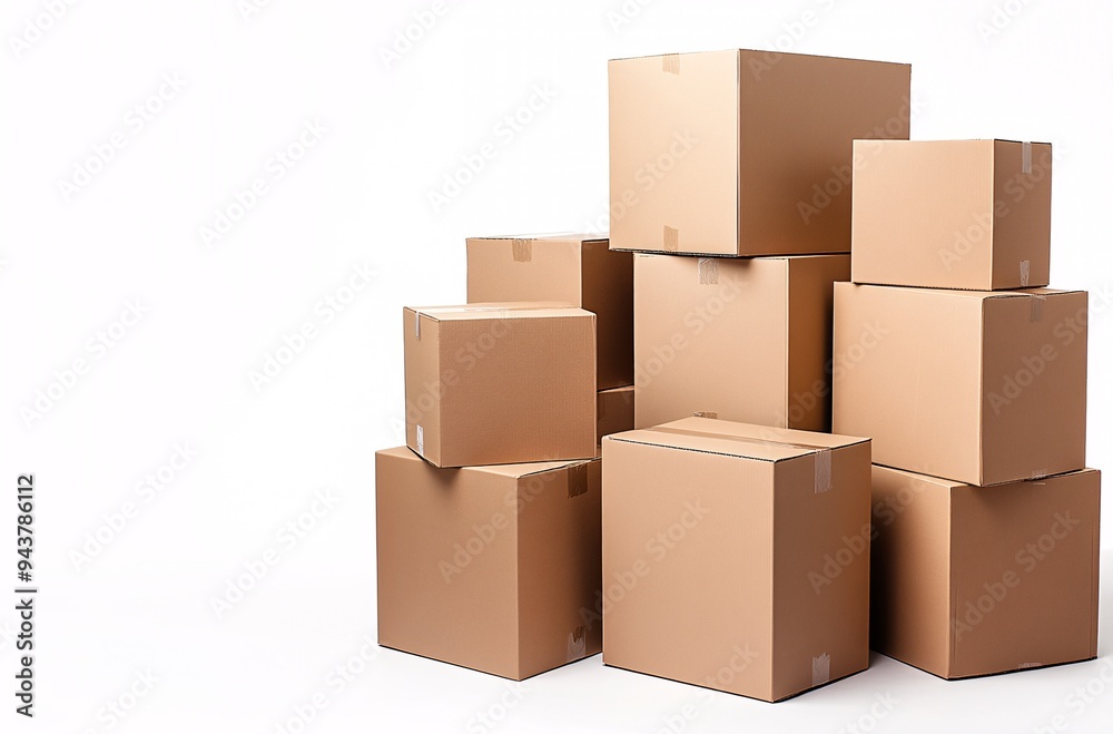Boxes stacked in a random arrangement on a white background, ideal for shipping, storage, or moving purposes Boxes stacked in a random arrangement on a white background, ideal for shipping, storage, or moving purposes