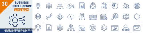 Business Intelligence line icon set. Set of 30 outline icons related to analysis, data, management, visualization, idea, collection. Linear icon collection. Vector illustration. photo