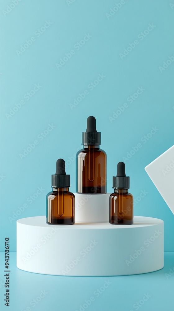 Minimalist display of three amber glass dropper bottles on white podium against serene blue background, showcasing elegant skincare or aromatherapy products. Minimalist display of three amber glass dropper bottles on white podium against serene blue background, showcasing elegant skincare or aromatherapy products.