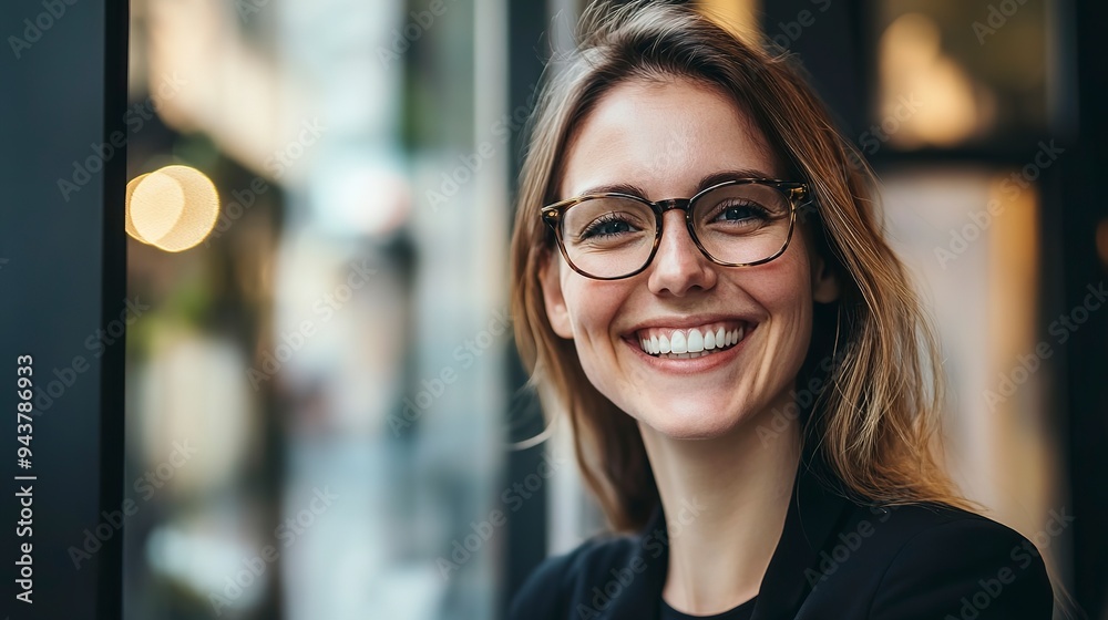 Young happy cheerful professional business woman, happy laughing female office worker wearing glasses looking away at copy space advertising job opportunities or good business services Young happy cheerful professional business woman, happy laughing female office worker wearing glasses looking away at copy space advertising job opportunities or good business services