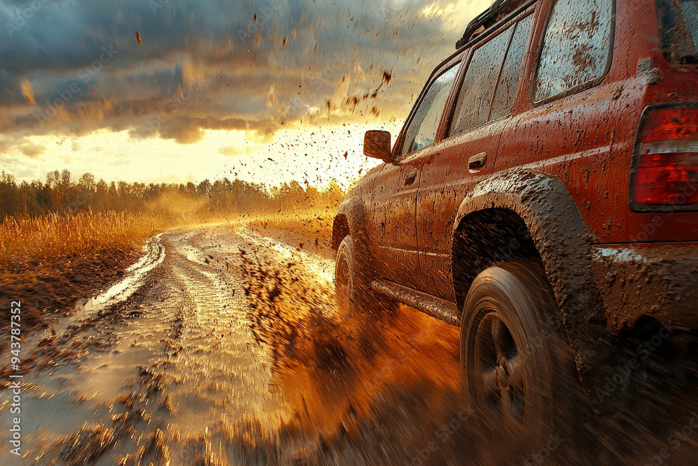 Fototapeta premium An adventure car races through muddy terrain as the sun sets