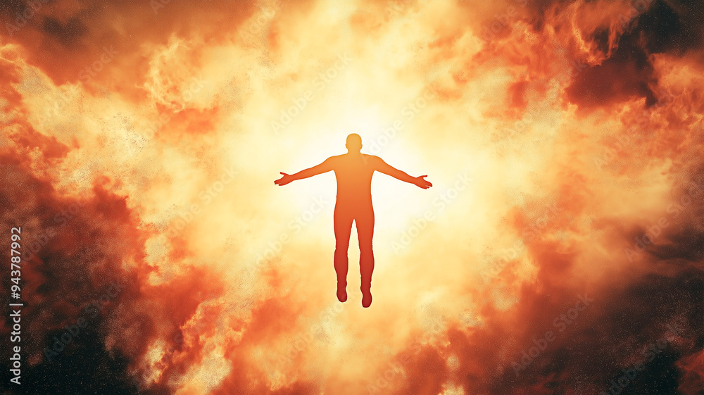 Silhouette of person levitating in explosive fiery background. Silhouette of person levitating in explosive fiery background.