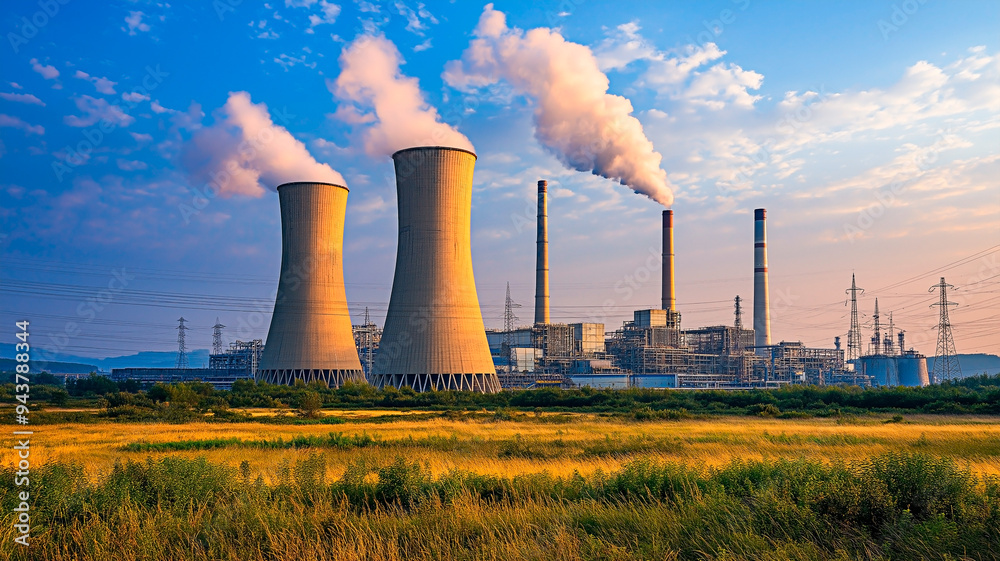 Industrial power plant with cooling towers releasing steam. Industrial energy production facility with smokestacks and towers. Industrial power plant with cooling towers releasing steam. Industrial energy production facility with smokestacks and towers.