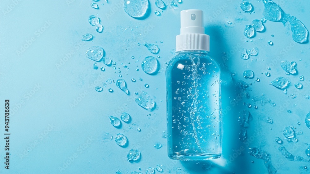 Refreshing spray bottle with water droplets splashing on light blue background, concept of hydration and skincare in summer heat. Refreshing spray bottle with water droplets splashing on light blue background, concept of hydration and skincare in summer heat.