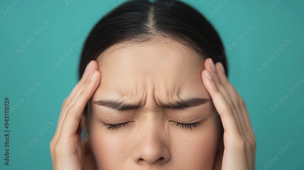 Extreme closeup of a person pressing their temple, showing constant stressinduced headache pain, mental strain