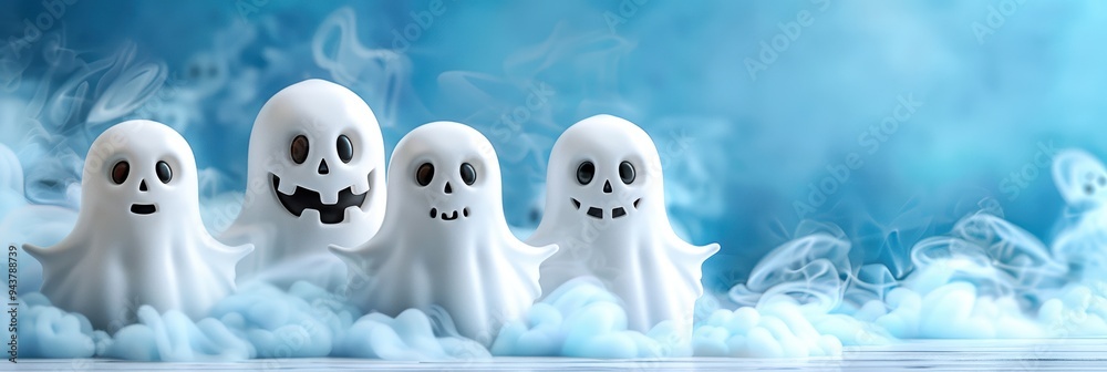 Four cute ghosts in a foggy blue setting, perfect for Halloween themes and spooky designs. Fun and playful ghost characters. Four cute ghosts in a foggy blue setting, perfect for Halloween themes and spooky designs. Fun and playful ghost characters.