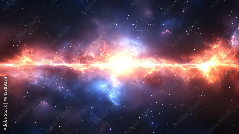 A vibrant nebula with a glowing, fiery core in the middle of the Milky Way. A vibrant nebula with a glowing, fiery core in the middle of the Milky Way.