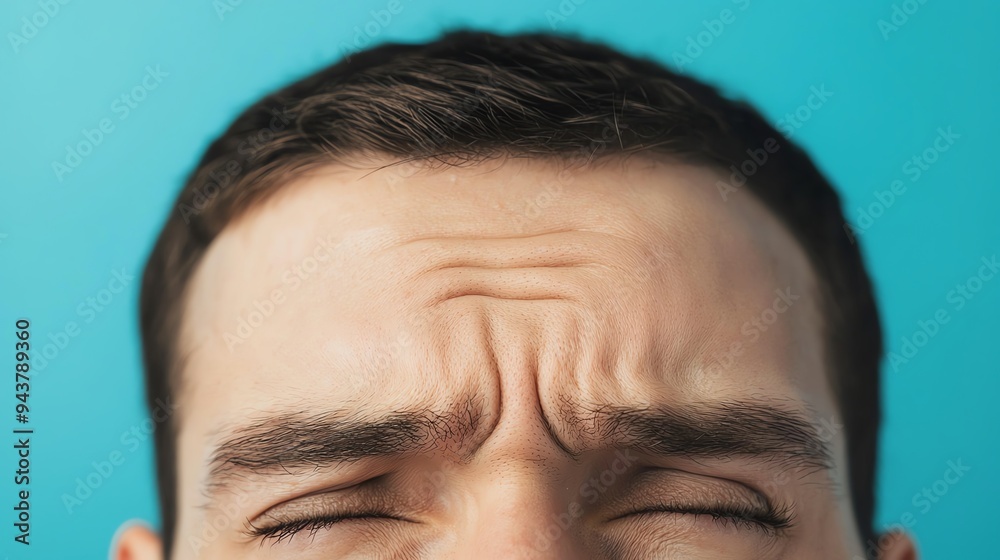 Closeup of a persons forehead with stress lines, signifying persistent headache pain, mental health Closeup of a persons forehead with stress lines, signifying persistent headache pain, mental health