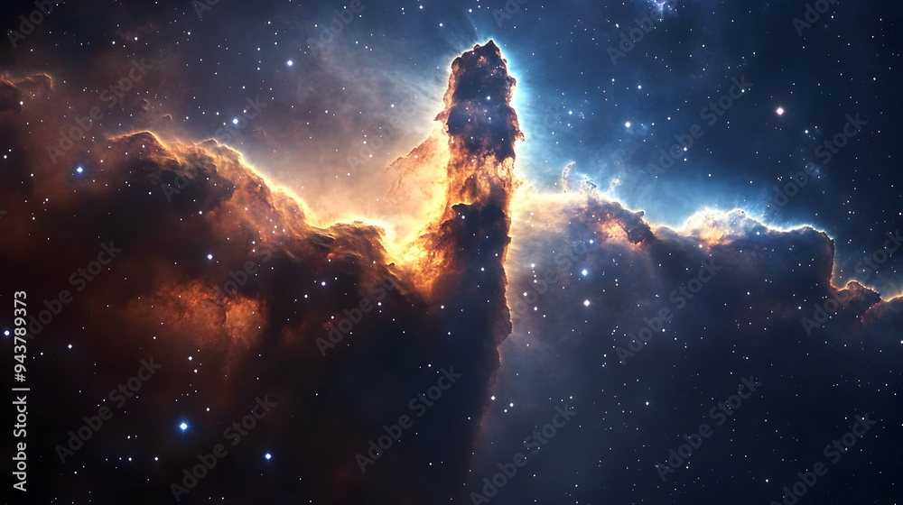 A vibrant nebula with a pillar of gas and dust, illuminated by bright stars. A vibrant nebula with a pillar of gas and dust, illuminated by bright stars.