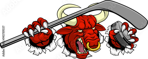 A bull or Minotaur monster longhorn cow angry mean ice hockey mascot cartoon character.