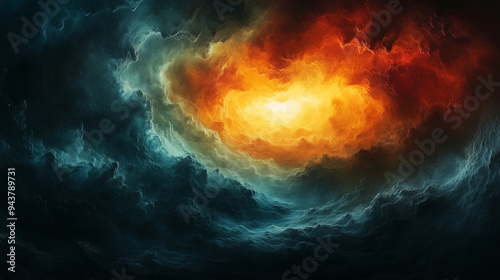 Dramatic fiery clouds in dark sky, intense atmospheric background