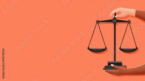 Justice scales with diverse hands tipping the balance, flat design illustration