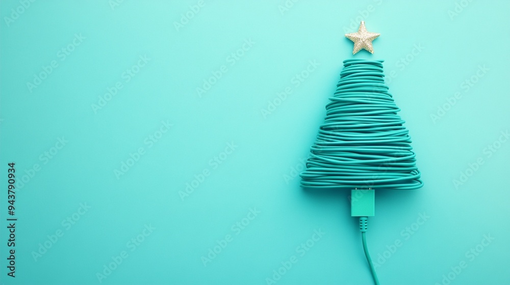 Minimalist Christmas tree made from coiled turquoise cable with star on top, set against matching background. Creative tech-inspired holiday concept. Minimalist Christmas tree made from coiled turquoise cable with star on top, set against matching background. Creative tech-inspired holiday concept.