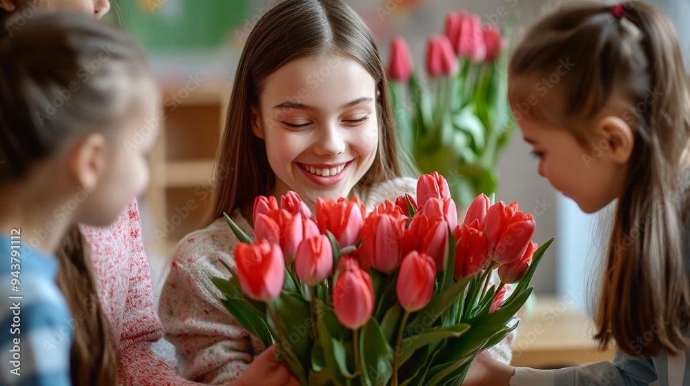 Joyful moment captured as young girl beams with delight, holding vibrant red tulips. Friends gather close, sharing in her happiness. Spring's beauty blooms indoors. Joyful moment captured as young girl beams with delight, holding vibrant red tulips. Friends gather close, sharing in her happiness. Spring's beauty blooms indoors.