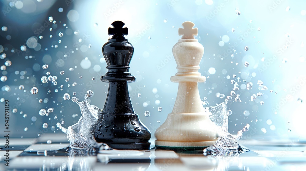 Close-up of black and white chess kings on a wet chessboard, symbolizing strategy, competition, and rivalry in the game of chess. Close-up of black and white chess kings on a wet chessboard, symbolizing strategy, competition, and rivalry in the game of chess.