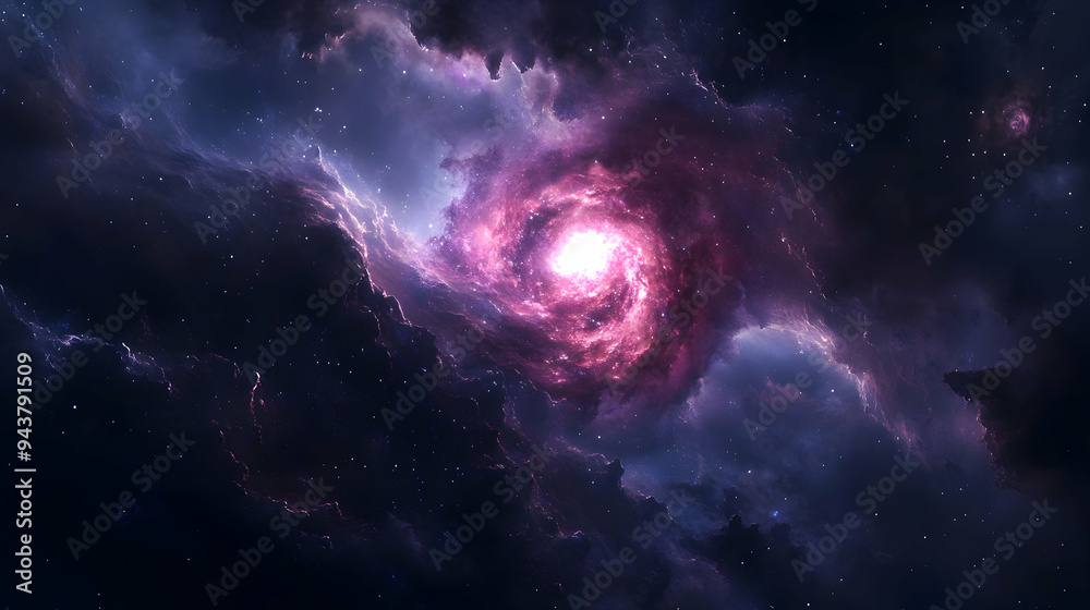 Fototapeta premium A vibrant pink nebula swirls in a dark cosmic space with scattered stars.
