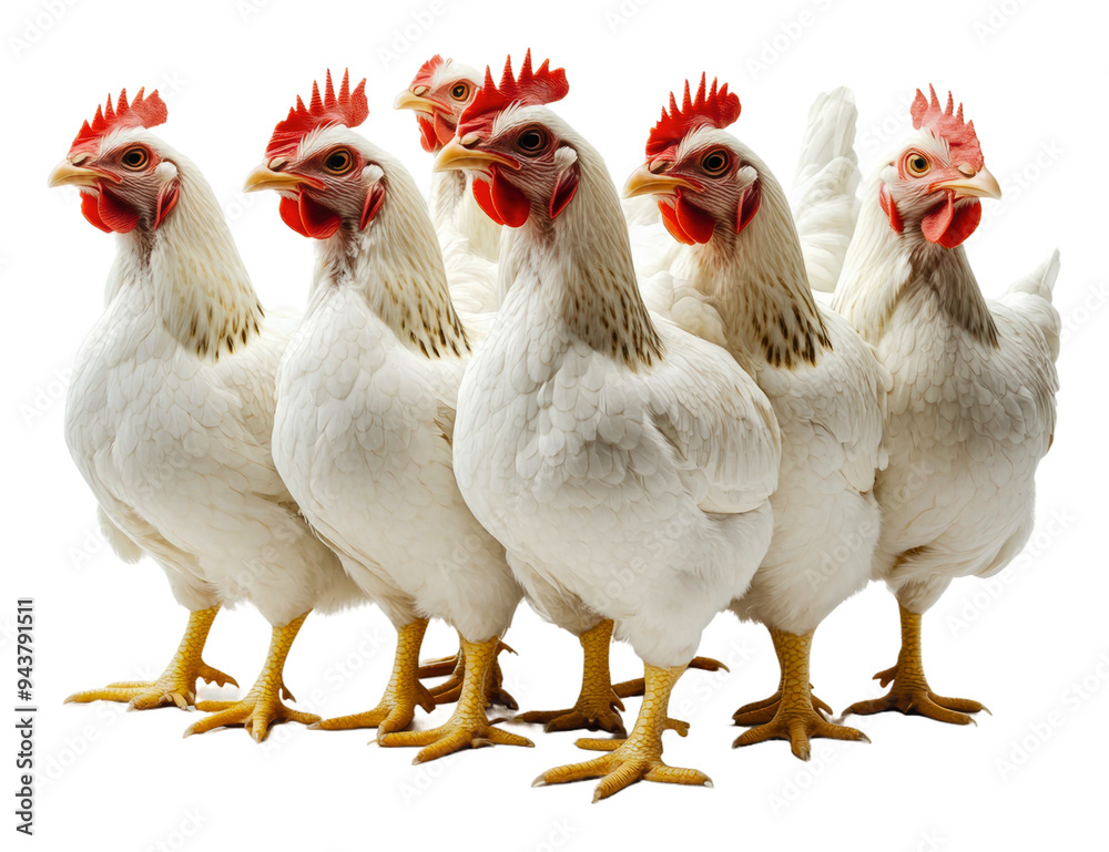 Fototapeta premium PNG White chickens gathered together in a barnyard
