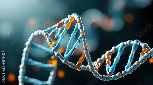 Close-up view of a DNA double helix structure with a blurred background, depicting genetic science, biotechnology, and molecular biology.