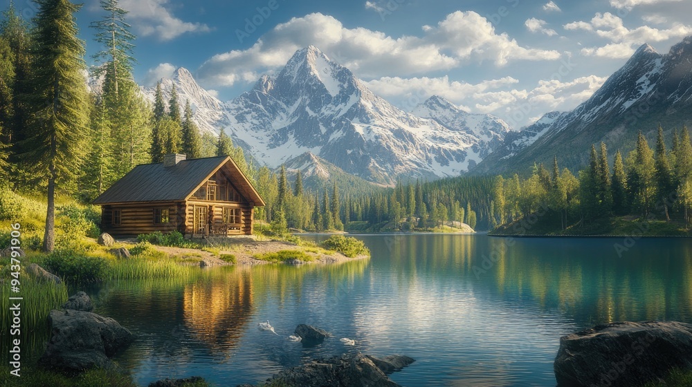 Fototapeta premium A rustic cabin overlooks a serene mountain lake, surrounded by towering peaks, creating an idyllic retreat in nature.