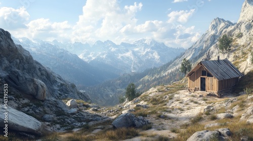 A rustic hut nestled in the mountains, surrounded by rugged terrain and scenic views, capturing the solitude of mountain life.